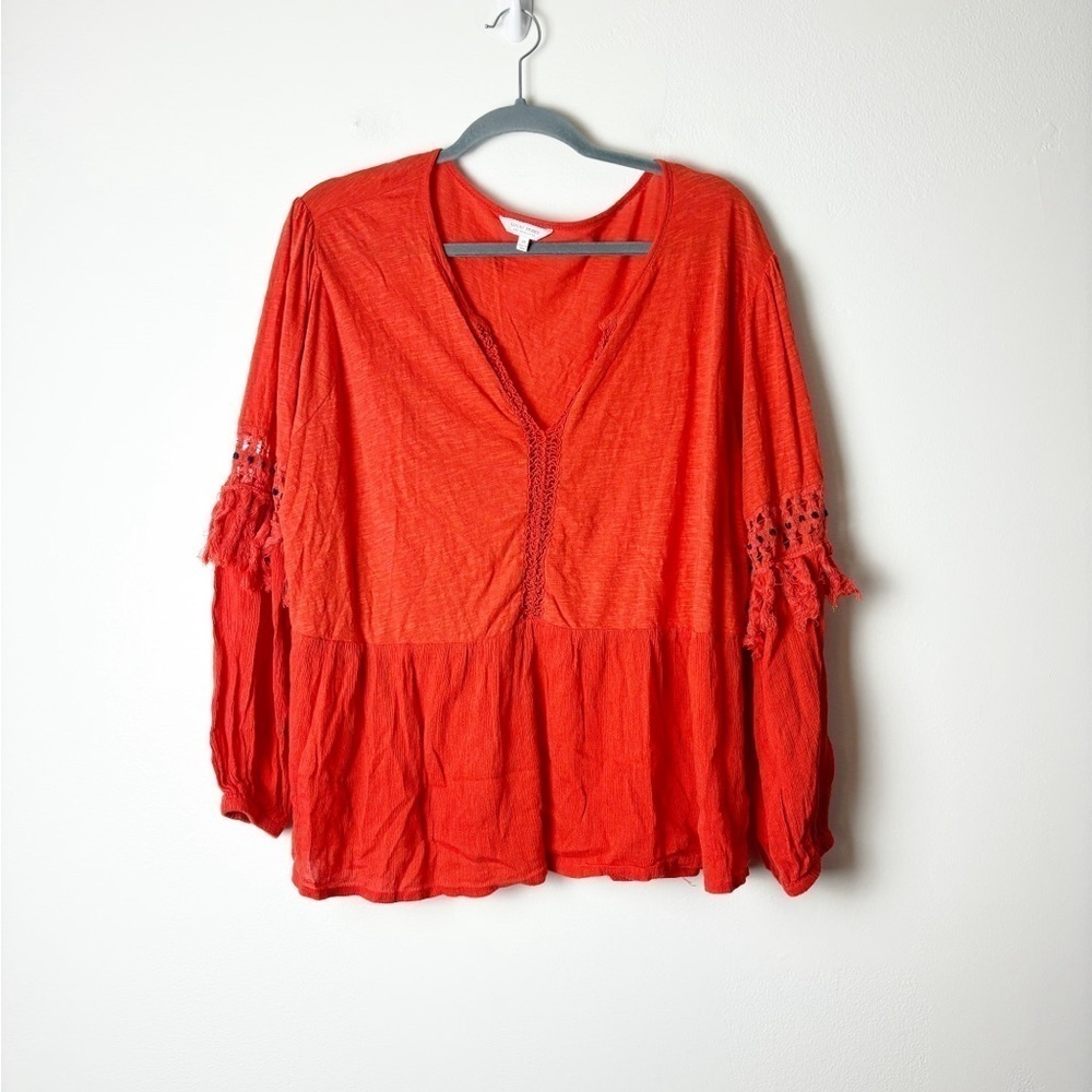 LUCKY BRAND • Women’s Boho Fringe Detail Relaxed Fit Red Top Size 2X